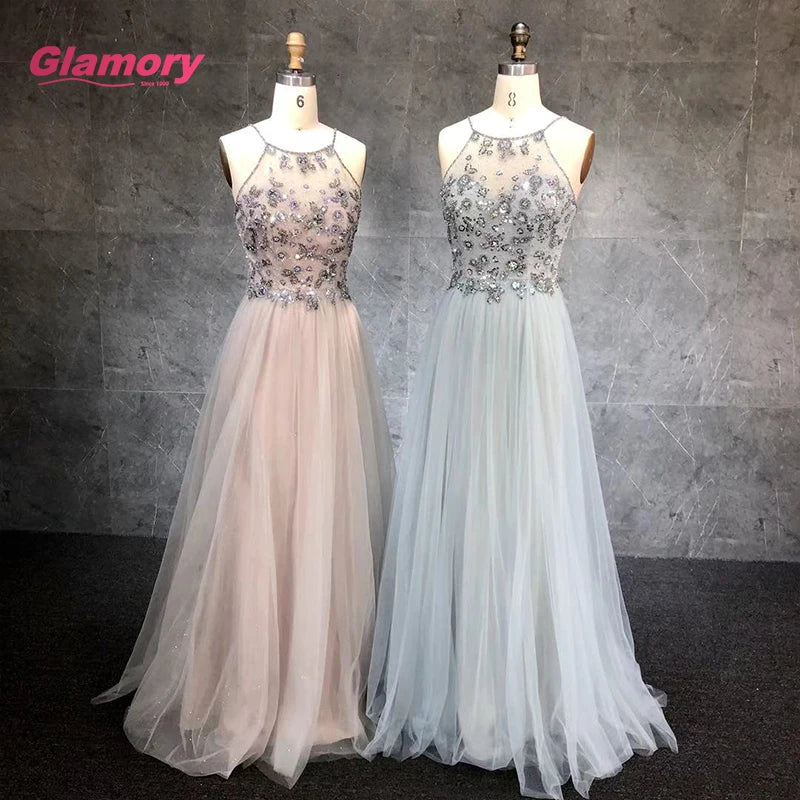 Top Selling Handmade Beading Low Back Tulle Formal Party Evening Prom Dresses for Ladies