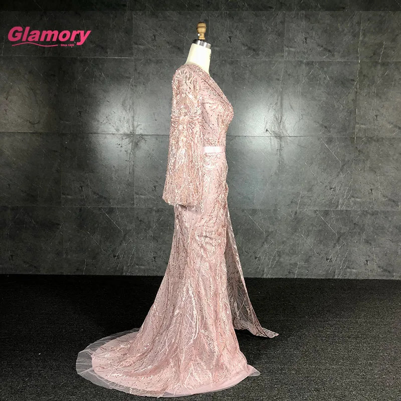 Top Quality Pink Embroidered Lace Gown One Shoulder Long Maxi Evening Muslim Party Dress