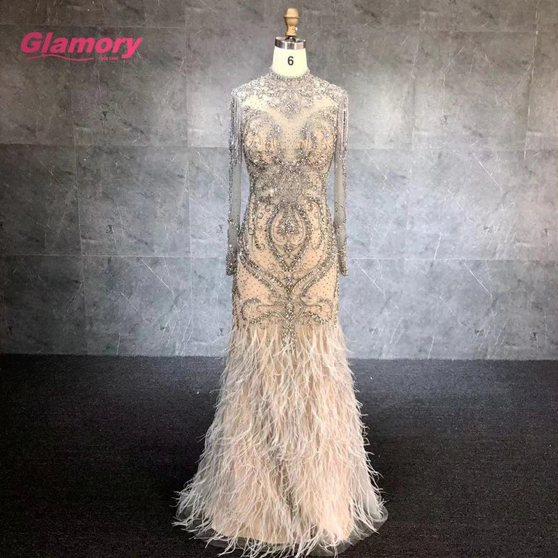 2020 New Style Luxury High Neck Long Sleeve Beading Feather Elegant Mermaid Evening Dress