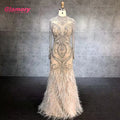 2020 New Style Luxury High Neck Long Sleeve Beading Feather Elegant Mermaid Evening Dress