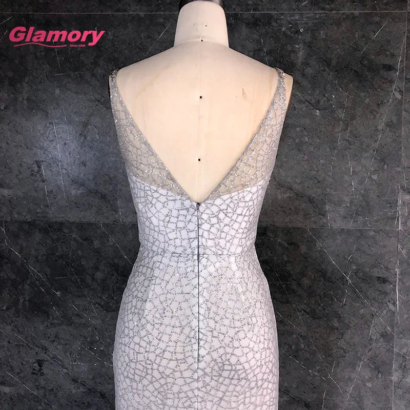 Wholesale Sexy Shiny Tulle Beaded Party Evening Dresses V Neck Mermaid Fishtail Long Graduation Prom Dress