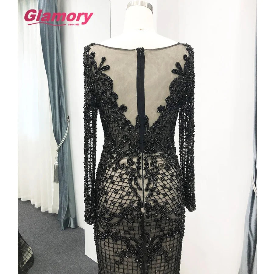Latest Sleeve Black Dresses Dubai Womens Long Mermaid Prom Luxury Beading Evening Dress
