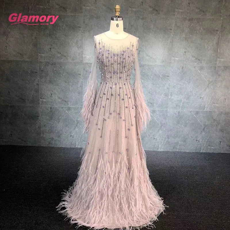Romantic Lavender Party Newest Beading Long Sleeve With Ostrich Feather Ball Gown Evening Dress
