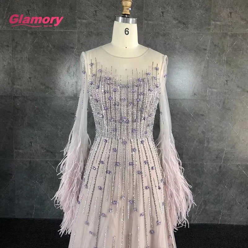 Romantic Lavender Party Newest Beading Long Sleeve With Ostrich Feather Ball Gown Evening Dress