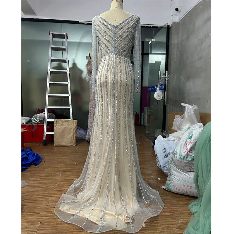 Beaded Long Sleeves Mermaid With Split Evening Dress 2024 Elegant Party Gown for Women