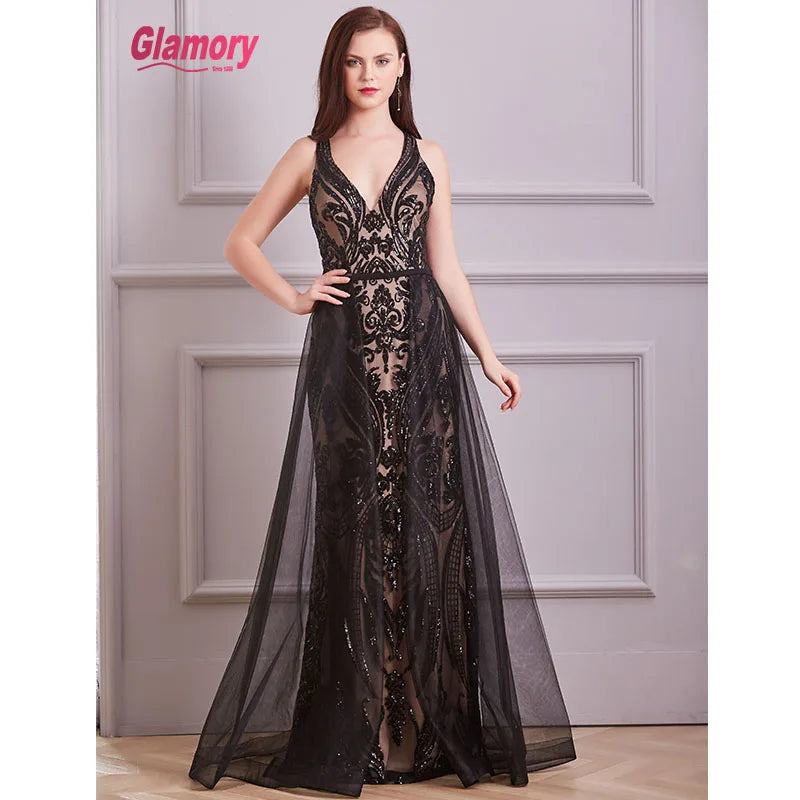 Black Pattern Sequin Evening Dress Sexy Bare Back Long Prom Dress