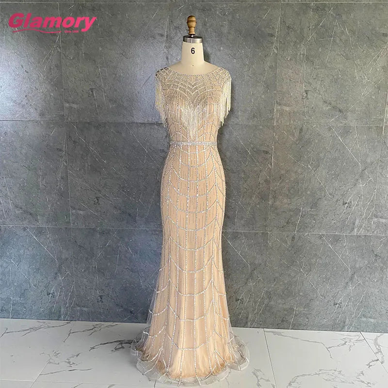 2020 New Arrival Heavy Beaded Rose Gold Mermaid Fashion Crystal Tassel Formal Evening Dress