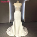 White Lvory Wholesale Cheap Mermaid Gown Satin Chiffon Lace Applique Bride Gowns Spaghetti Strap Illusion Sexy Wedding Dress