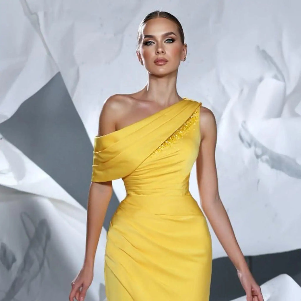 High Quality Satin Dresses Women Elegant Luxury One Shoulder Evening Dresses Bodycon Yellow Bandage Dress
