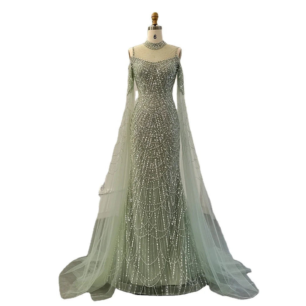 Luxury High Neck Mermaid Evening Dresses With Cape Heavy Pearls Women Wedding Formal Party Gown Stock