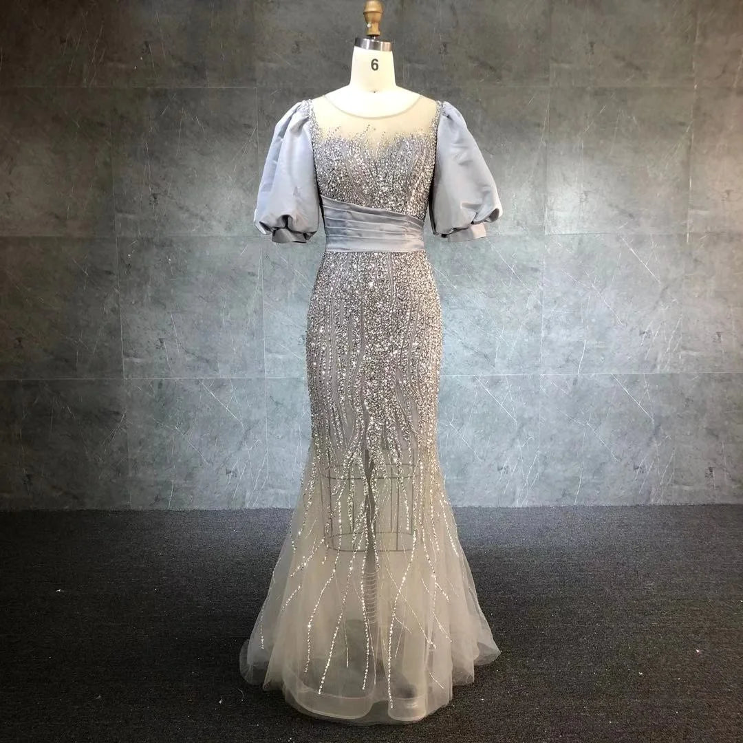Gray Elegant O Neck Beading Mermaid Evening Dress Short Purr Sleeves Party Dresses Gowns for Women