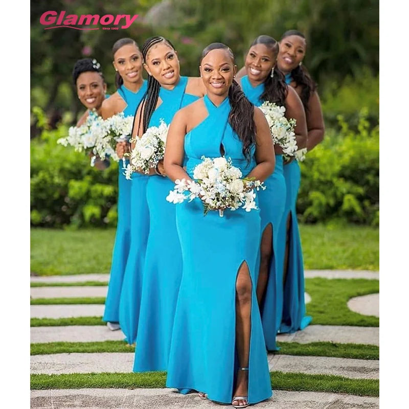 Top Selling Royal Blue Women Elegant Halter Neck Split Mermaid Style Sexy Wedding Bridal Dress