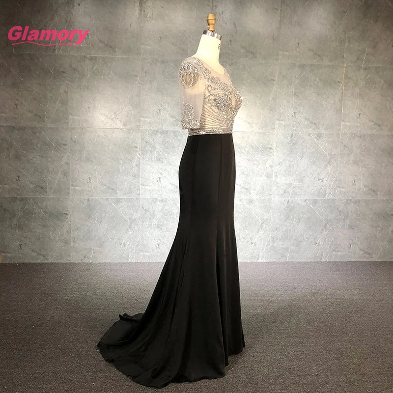 Real Sample Black High Neck Beading Evening Dress Long Women's Mermaid Luxury Custom Made Party Gowns