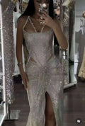 Silver Long Floor-Length Prom Dress Sexy Sleeveless with Front Slit Beading Natural Waistline Breathable Party Style