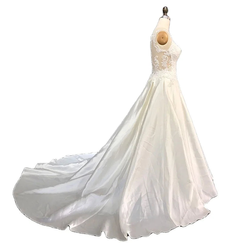 2020 Custom Made Elegant Vestido De Noiva Soft Satin Lace Appliqued Wedding Ball Gown Bridal Dresses