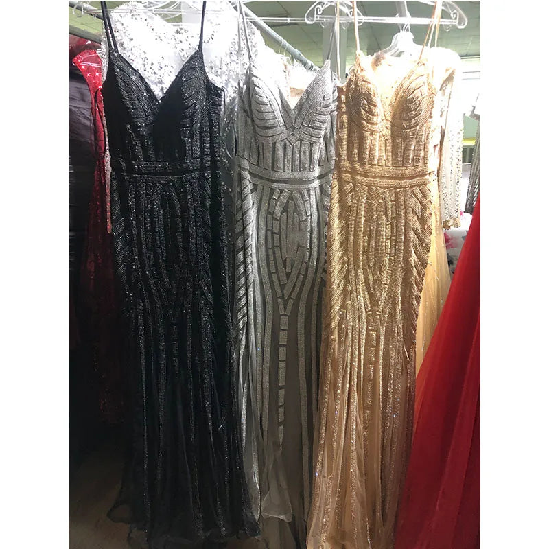 Luxury Shiny Rhinestone Dresses Sexy Bodycon Spaghetti Strap Prom Women Trumpet Mermaid Evening Dress