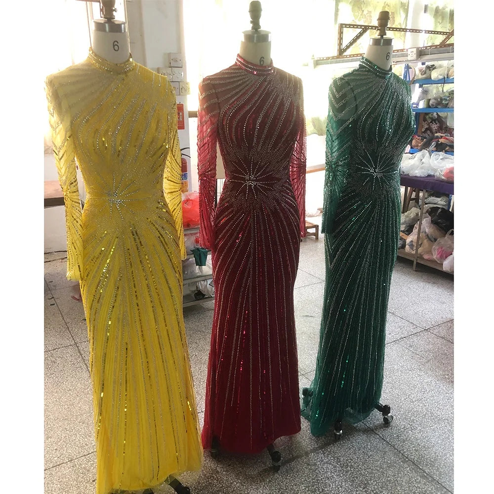 NEW 2022 Long Sleeves Evening Dresses Muslim Beaded Mermaid Real Picture Dinner Party Gowns