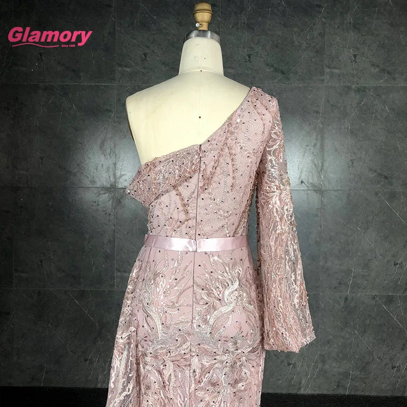 Top Quality Pink Embroidered Lace Gown One Shoulder Long Maxi Evening Muslim Party Dress