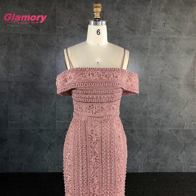 Pink Off Shoulder Lace Appliqued Mermaid Prom Elegant Beading Women Long Formal Evening Dress