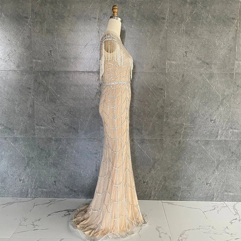 2020 New Arrival Heavy Beaded Rose Gold Mermaid Fashion Crystal Tassel Formal Evening Dress