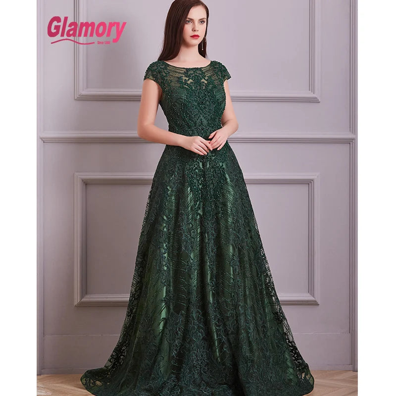 2020 New Collection Army Green Evening Lace Luxurious Beading Cap Sleeve a Line Long Prom Dress Formal Occasion Gowns