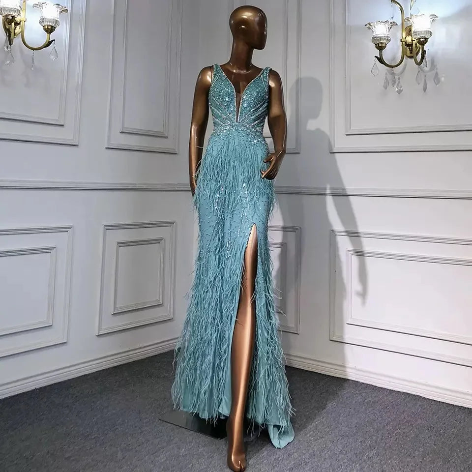 2022 New Handmade Beading Mermaid Evening Dresses With Feathers Sexy Split  Long  Evening Gowns for Women Party