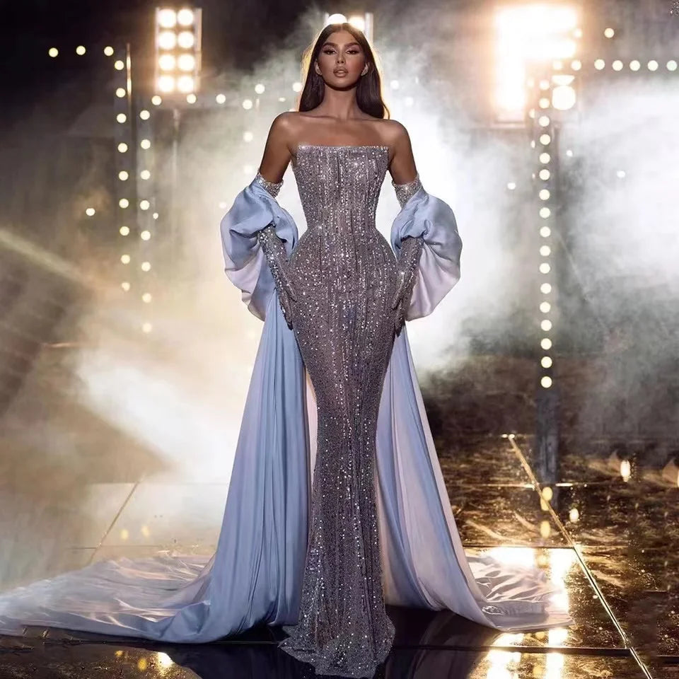 Hot Sale Blue Women's Sexy Beads Butt Wrapped Prom Dress New Sequined Gauze Mermaid Evening Dress