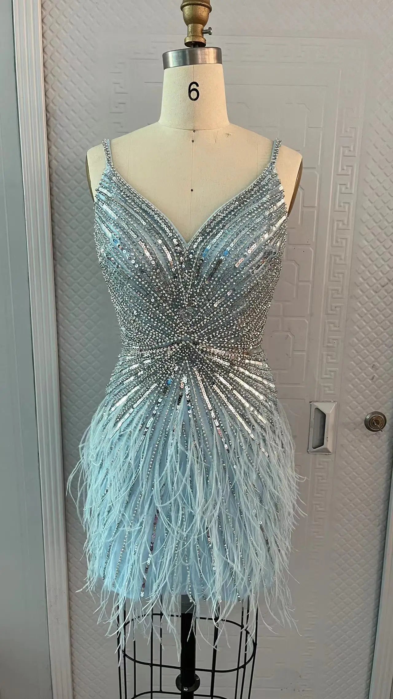 New Short Luxury Beaded Gown With Feathers Sexy Split Thigh Sheer Long Elegant Evening Dresses