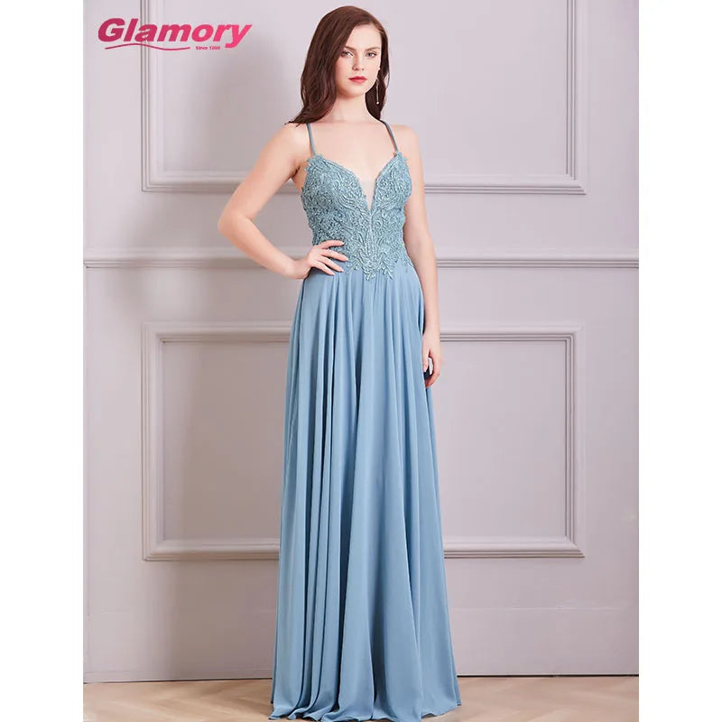 Women Ladies Lace Applique Chiffon Prom Gown Sexy Suspenders Backless Formal Party Dresses Long Evening Dress