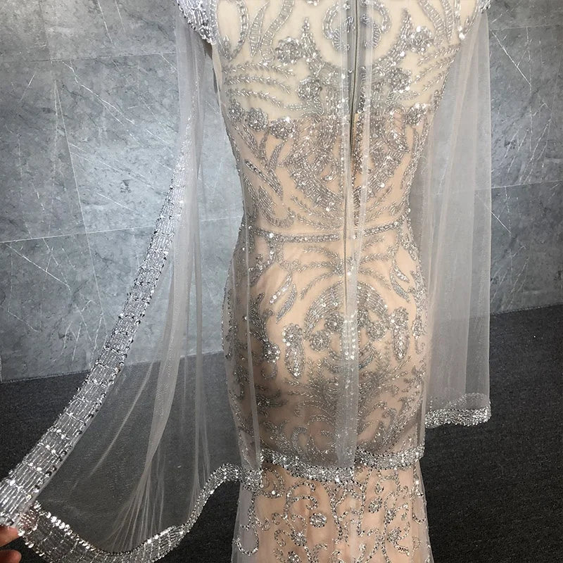 2021 Grey Nude With Cape Mermaid Luxury Evening Dresses Gowns Beading Elegant Sexy  Party Dress for Woman
