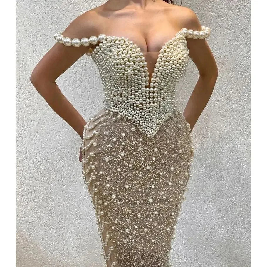 White Nude Elegant Pearls Spaghetti Straps Party Dress 2024 Dubai Mermaid Evening Dresses for Wedding Party