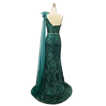 Dubai Green Party Dinner Dress One Shoulder Cape Long Evening Dresses With Beads Belt Customized Luxury Wedding Robe