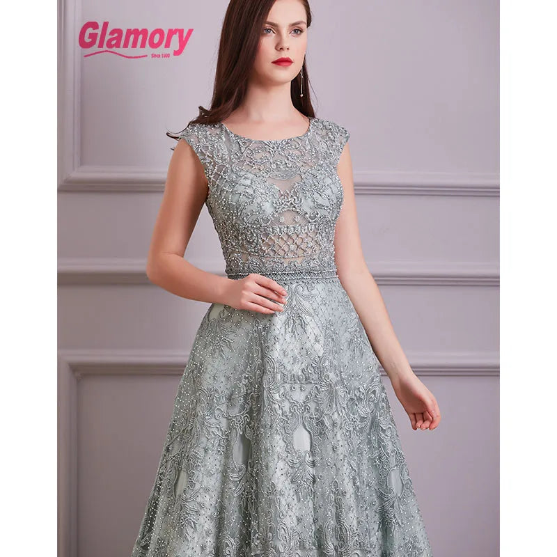 2020 New Collection Mint Evening Lace Luxurious Beading Cap Sleeve a Line Long Prom Dress Formal Occasion Gowns