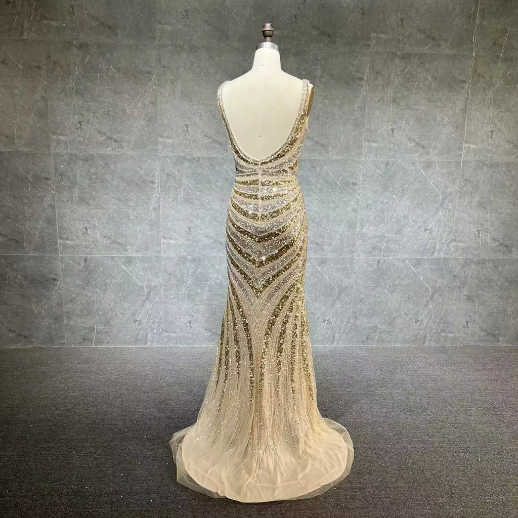 New Women's Gold Beading Long Evening Slit Sleeveless Dress Prom Dresses Party Sexy Sequin Evening Dress