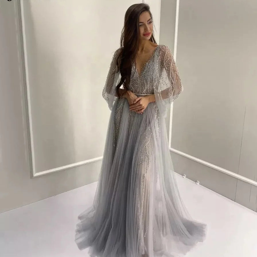 New 2021 Elegant Muslim Beaded a Line Luxury Evening Dresses V Neck Long Party Gowns