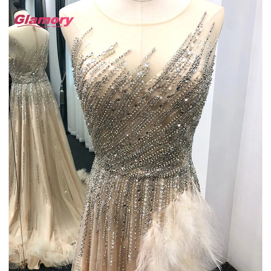 Champagne Heavy Beaded WIth Feather High Slit Sexy Open Leg Prom Dress Formal Evening Dresses 2020