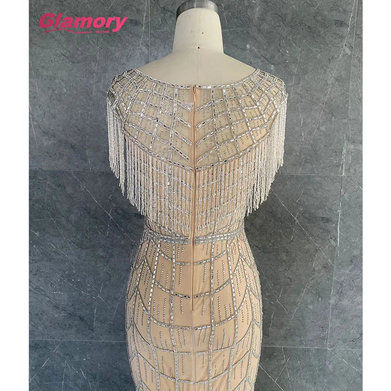 2020 New Arrival Heavy Beaded Rose Gold Mermaid Fashion Crystal Tassel Formal Evening Dress