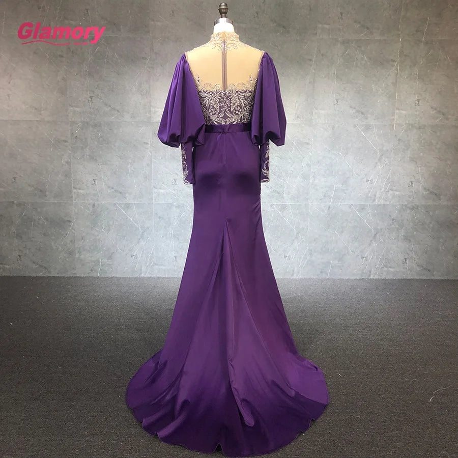 2021 New Arrival Mermaid Luxury Evening Dresses Puff Sleeved  With Split Sexy  Party Dress for Woman