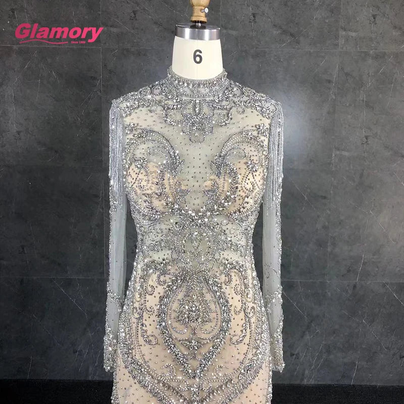 2020 New Style Luxury High Neck Long Sleeve Beading Feather Elegant Mermaid Evening Dress