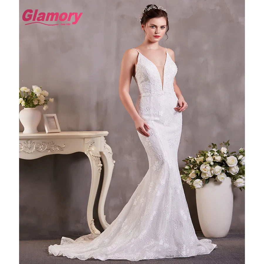 V Neck Sleeveless Lace Mermaid Wedding Dress for Wedding Day