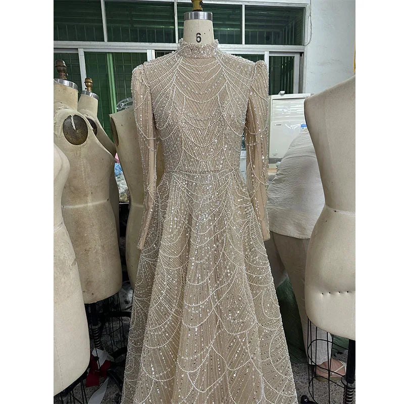 New Elegant Dubai Peals Evening Dress for Women High Neck Long Sleeves A-line Ankle Length Formal Prom Wedding Party Gowns