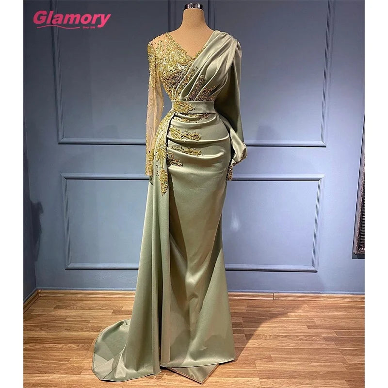 New Custom Luxury  Beading With Pleated V-neck Women Party Dresses Sexy Satin Evening Dresses