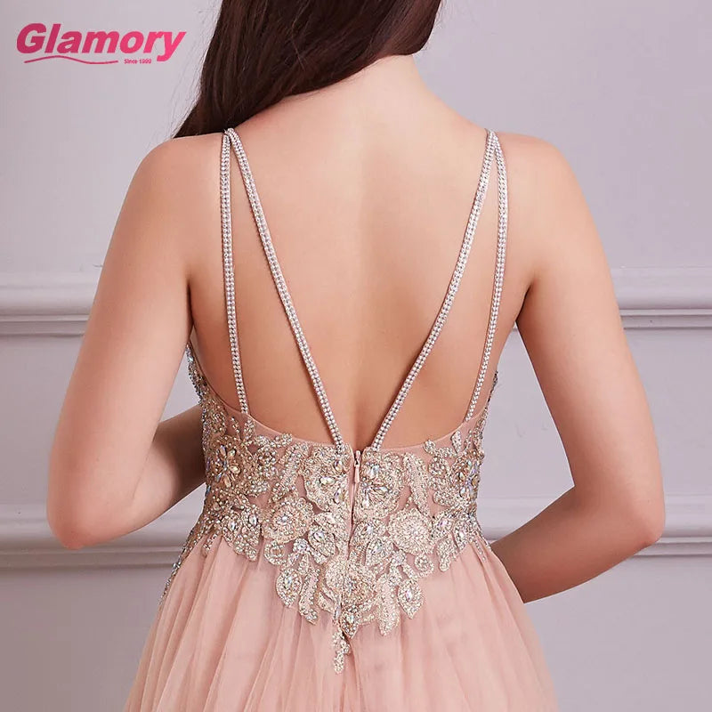 Women Dresses Glamorious Bling Lace Ball Gown V-neck Floor-length Tulle Evening Dress