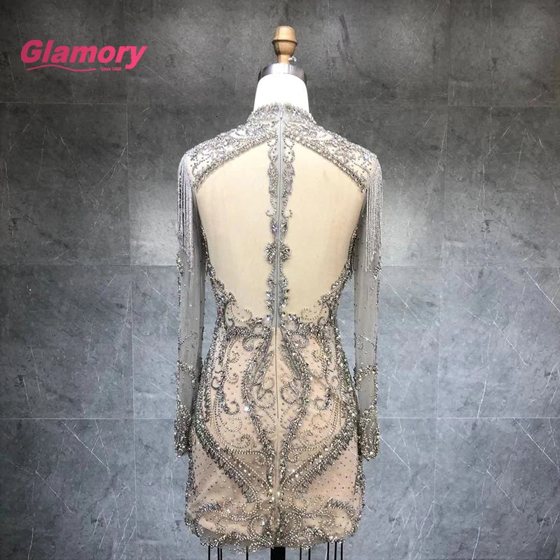 New Style Luxury High Neck Long Sleeve Bodycon Beading Mermaid Club Dress