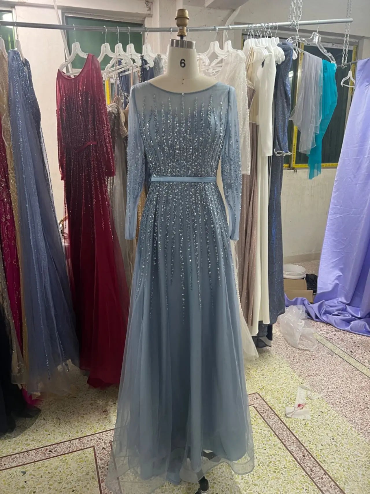 Blue Muslim a Line Beaded Luxury Dubai Long Evening Dresses Gowns 2024  for Woman Wedding Party Dress