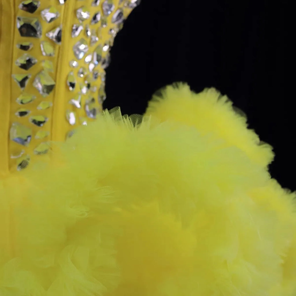 Yellow New Design Sweet Heart Beading Sugar Dress Ruffles Party Evening Dress