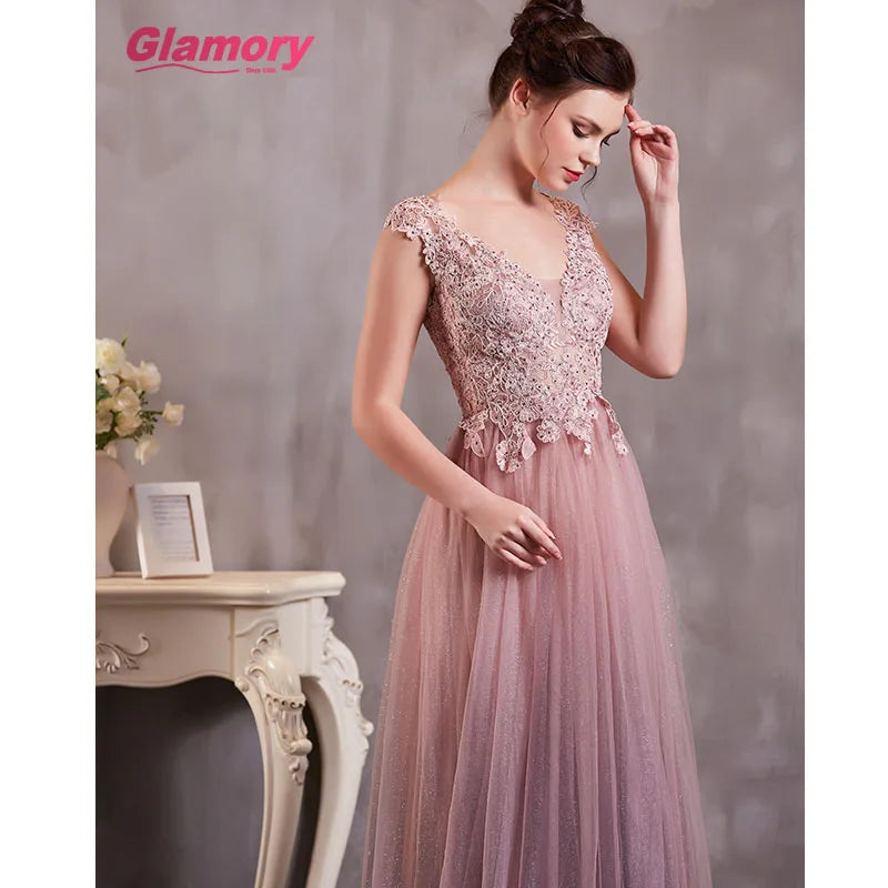 Pink Long for Fat Woman Sexy See Through Lace Appliques Prom V-neck Floor-length Bling Tulle Evening Dress