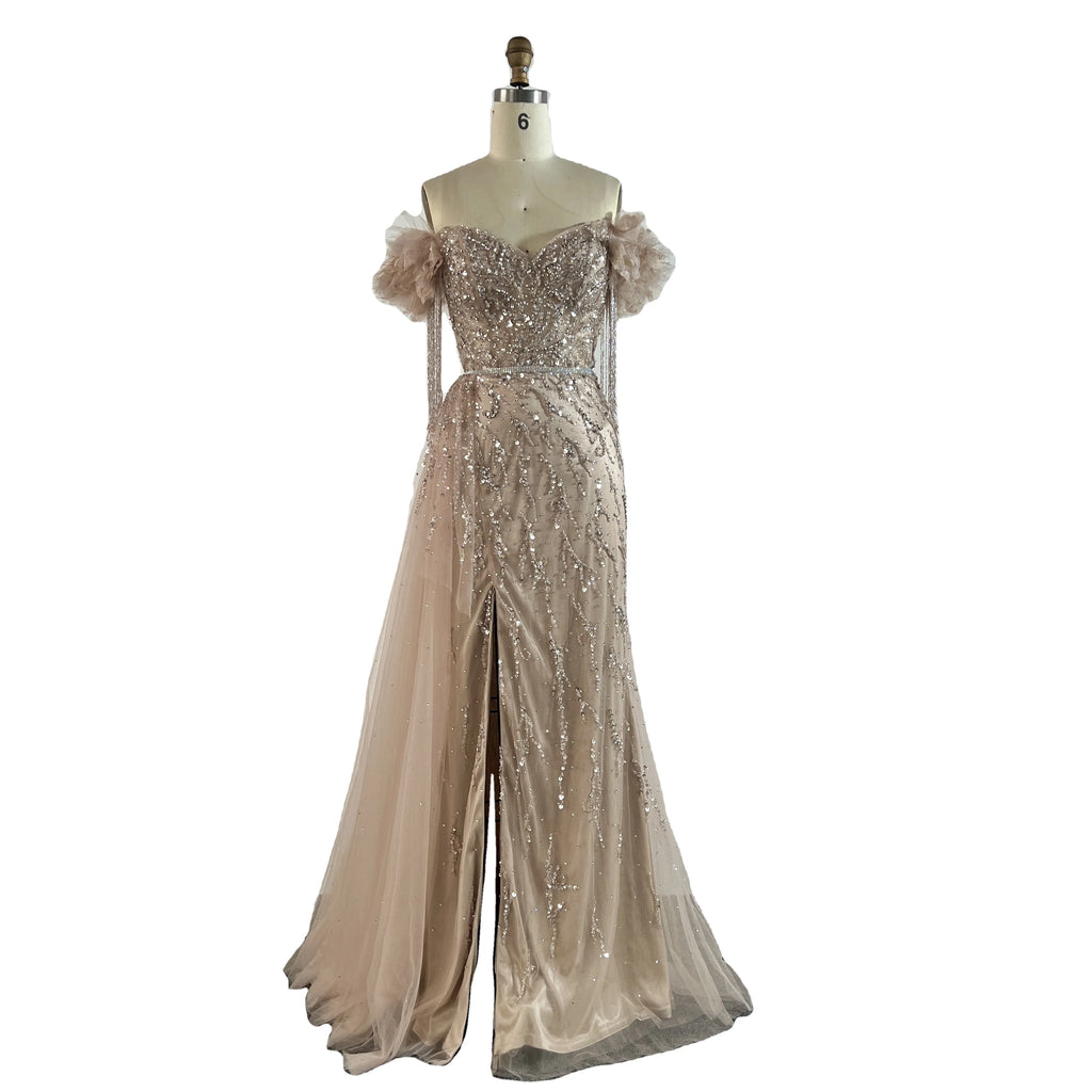 2024 NEW Arabic Dubai Nude Mermaid Luxury Evening Dresses Gowns Boat Neck Beaded Tassel for Women Wedding Party