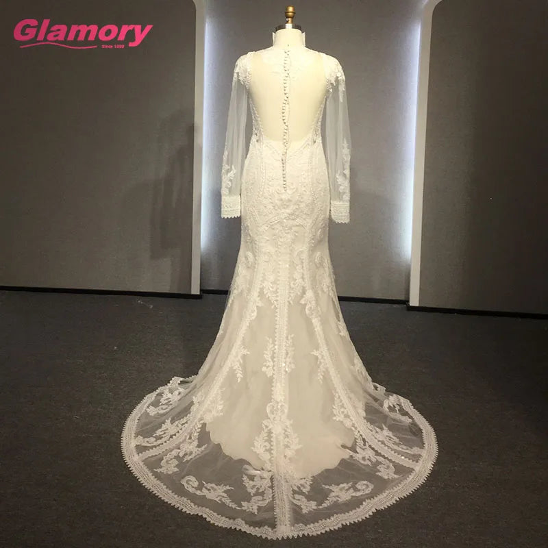 Fashion White Long Sleeve Wedding Dress Plus Size Bride Gown Vestido De Noiva Lace Beading Mermaid Bridal Dresses