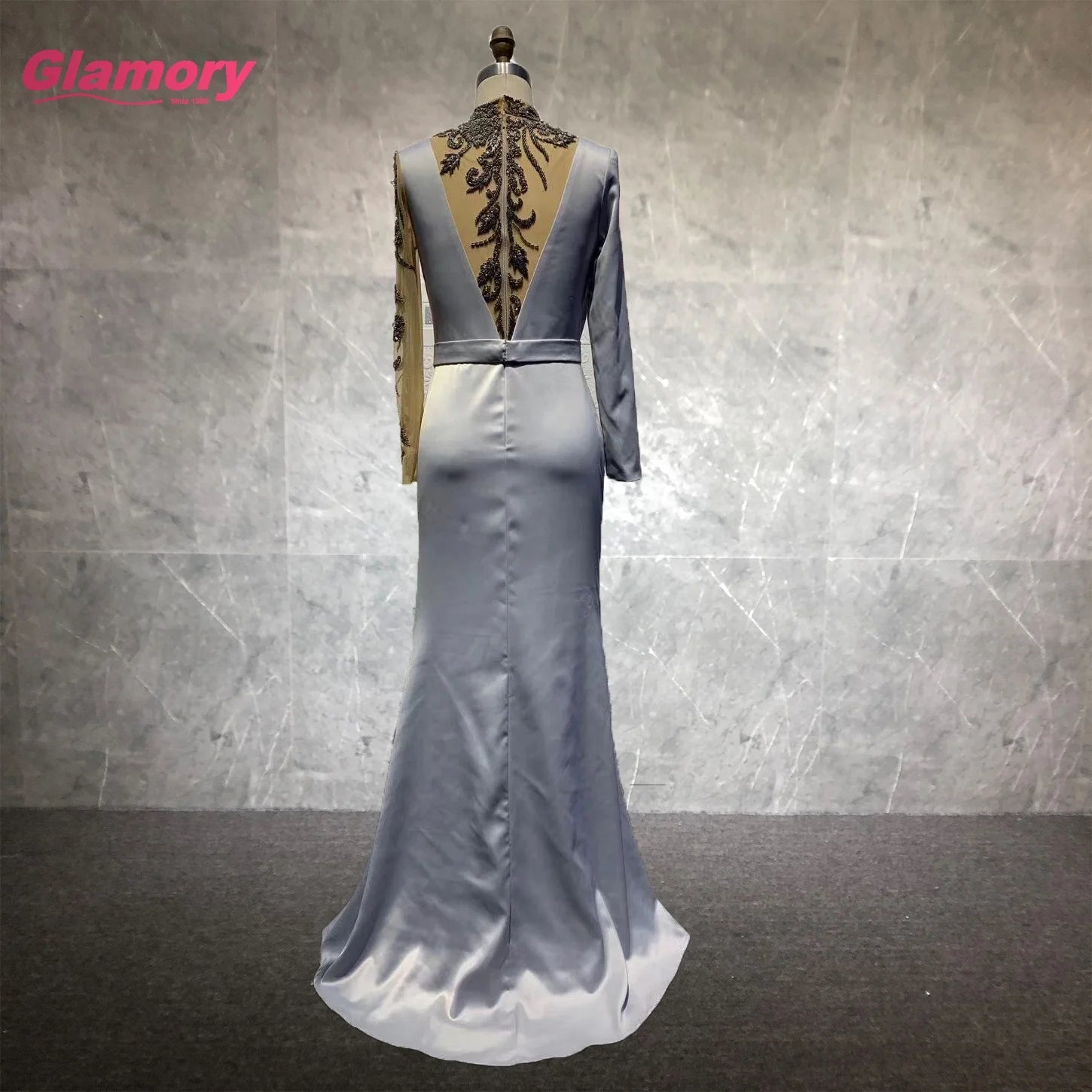 New 2021 Full Sleeve Bodycon Satin Evening Dress With Beads Sexy Banquet Evening Dress for Women